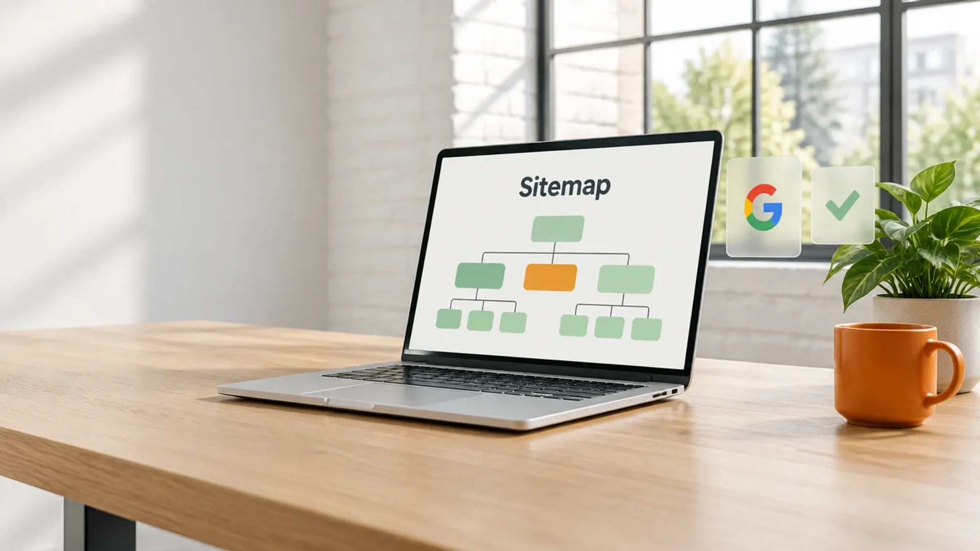 Laptop schräg von der Seite in einem hellen Loft, auf dem Bildschirm das Wort Sitemap und ein Baum aus grünen Kästchen, daneben Glaskarten mit Google-Logo und Haken
