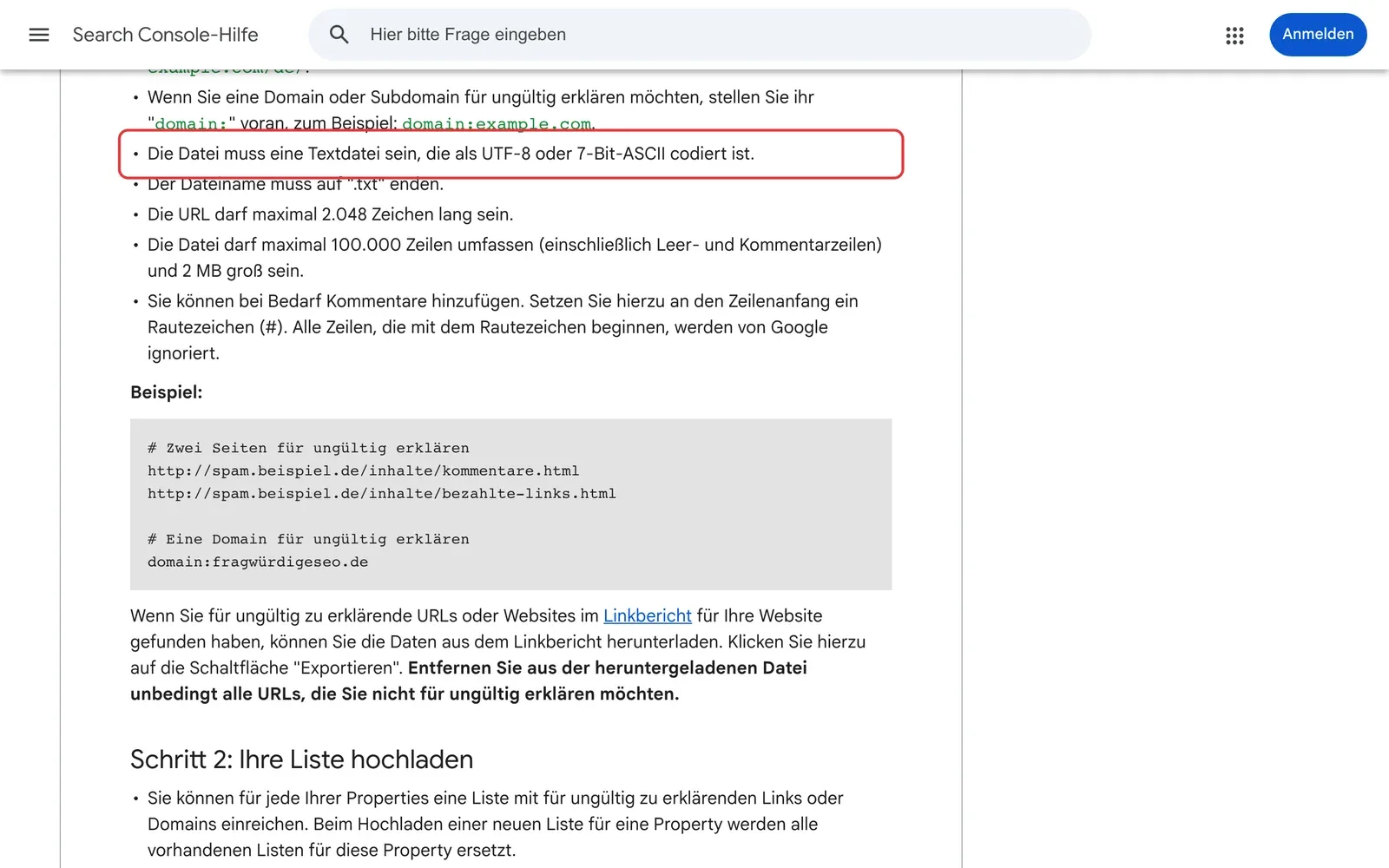 Google-Hilfe zum Dateiformat der Disavow-Liste mit Beispiel für einzelne Seiten und eine ganze Domain