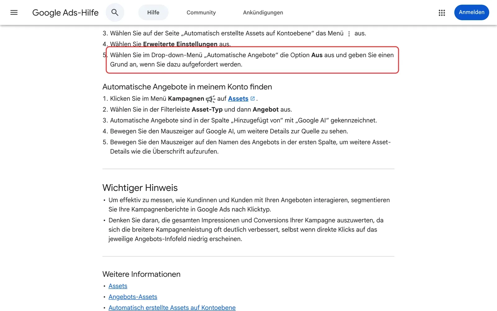 Google Ads-Hilfe mit den Schritten zum Deaktivieren automatischer Angebote, der Schritt mit der Option Aus ist markiert