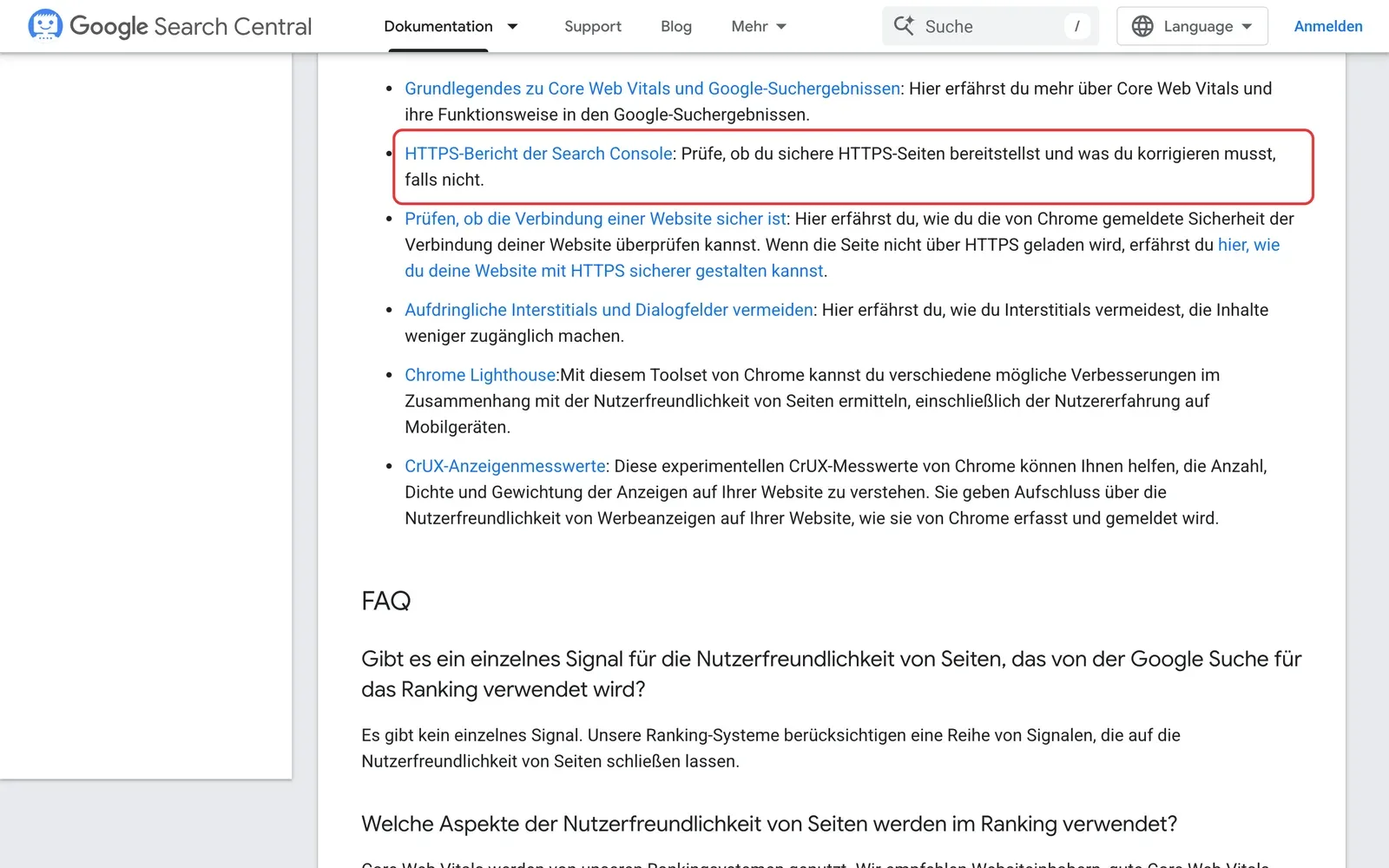 Google Search Central zur Seitennutzererfahrung: Der Hinweis auf den HTTPS-Bericht der Search Console ist rot umrahmt