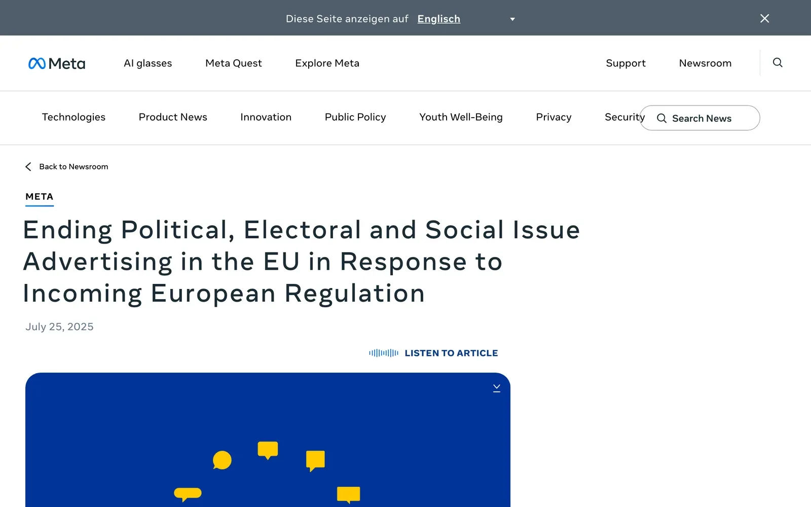 Meta Newsroom: Beitrag über das Ende politischer, wahlbezogener und gesellschaftspolitischer Werbung in der EU