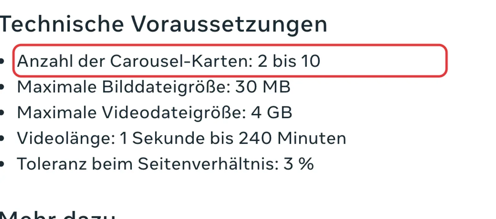 Meta-Anzeigenleitfaden für Karussell-Anzeigen mit zwei bis zehn Karten, 30 MB pro Bild und 4 GB pro Video