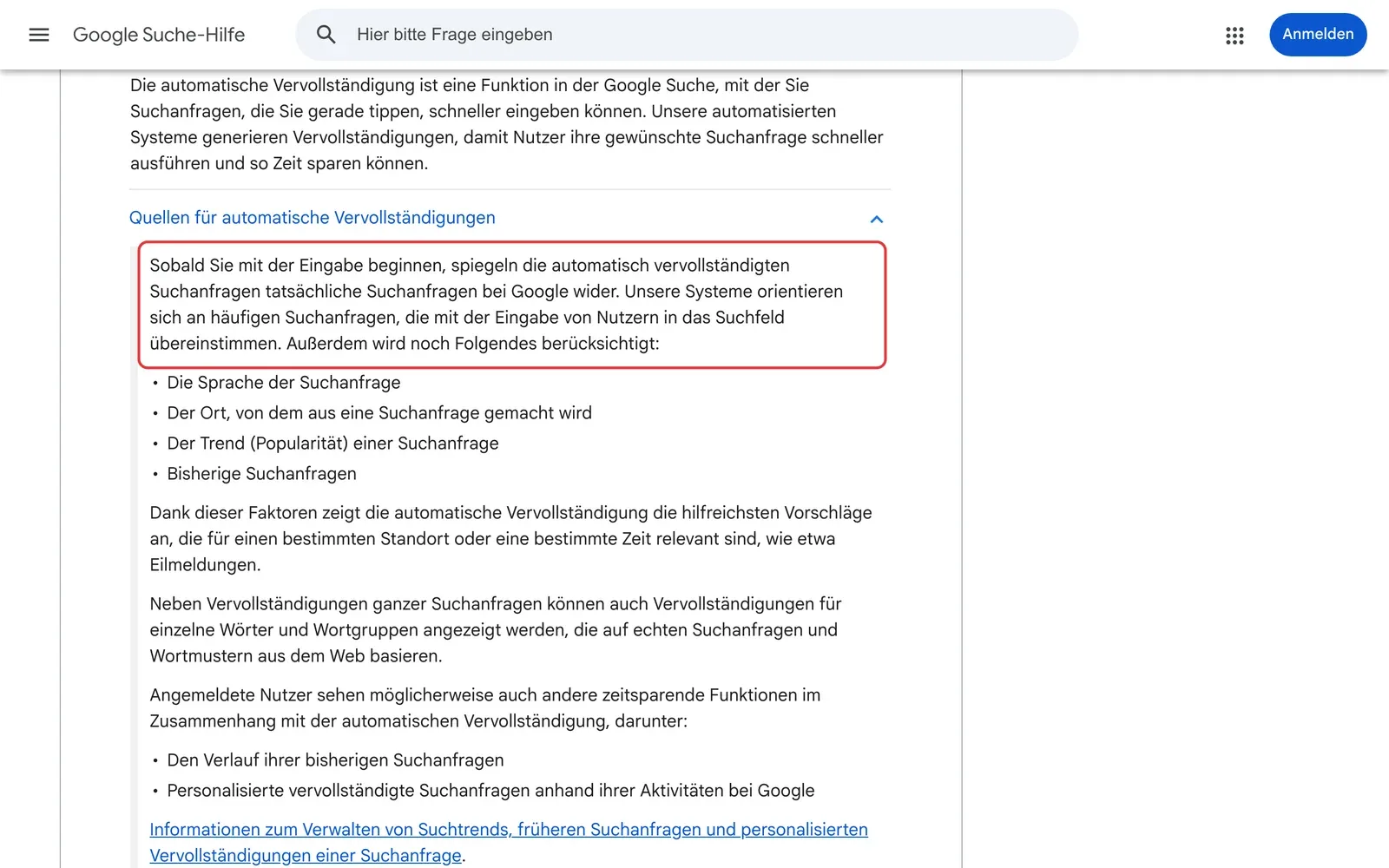 Google Suche-Hilfe, Quellen für automatische Vervollständigungen: der Absatz, dass die Vorschläge tatsächliche Suchanfragen bei Google widerspiegeln und sich an häufigen Suchanfragen orientieren, ist rot umrahmt