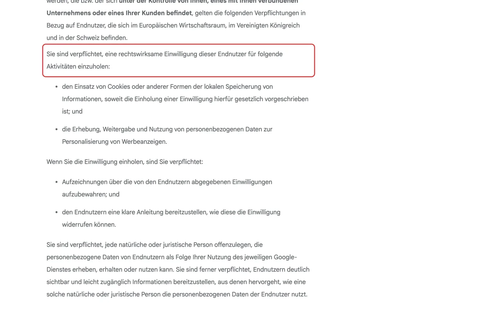 Google Richtlinie zur Einwilligung der Nutzer in der EU: der Satz, dass man verpflichtet ist, eine rechtswirksame Einwilligung der Endnutzer einzuholen, ist rot umrahmt, darunter Cookies, personalisierte Werbung, Aufzeichnungen und Widerruf