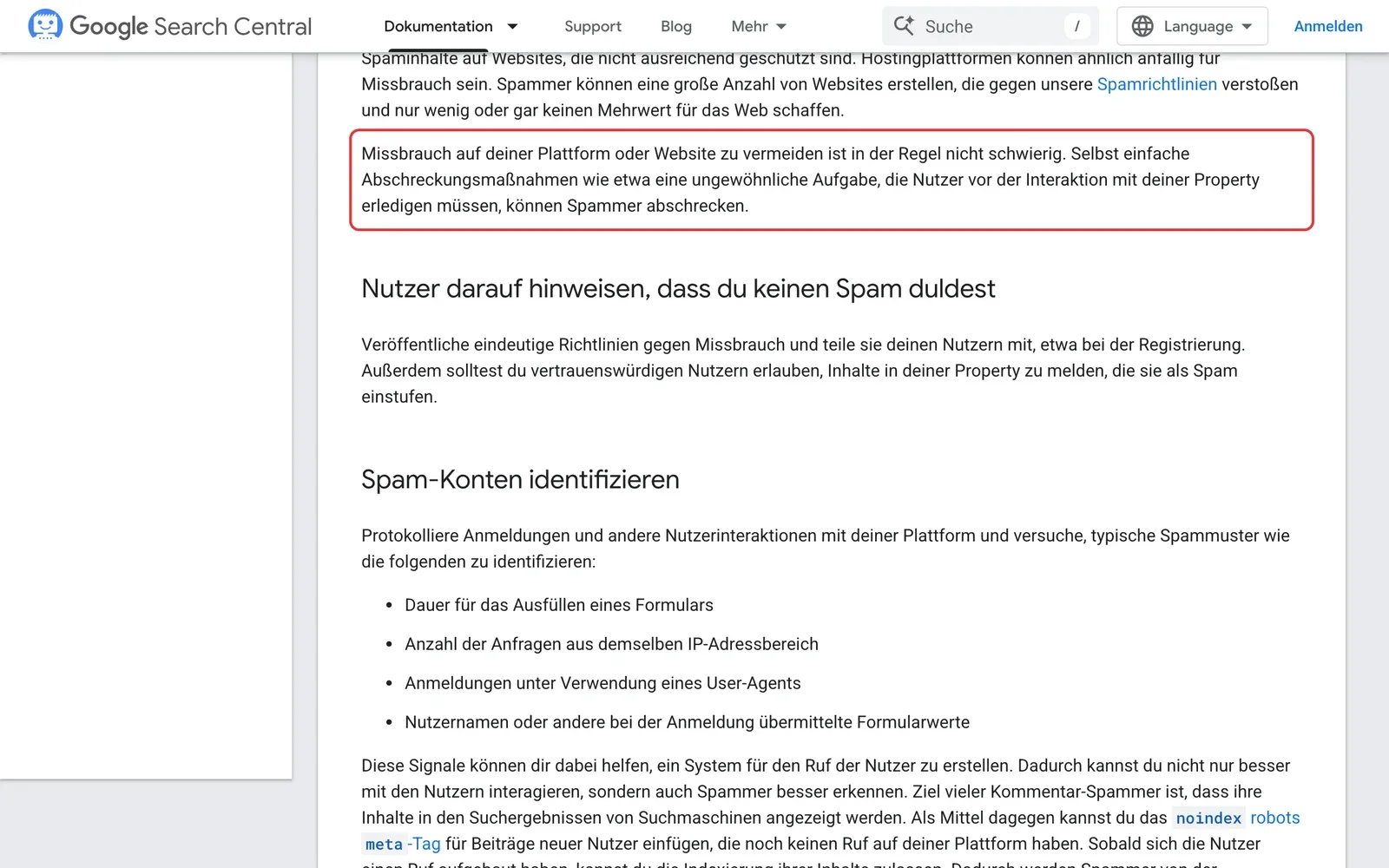 Google-Hilfe zum Verhindern von Spam, rot markiert ist der Absatz, dass schon einfache Hürden Spammer abschrecken