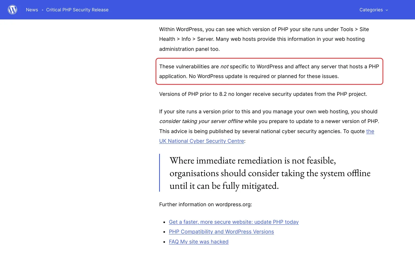WordPress-News vom 21. Oktober 2026: Der Satz, dass die Lücken nicht WordPress-spezifisch sind und kein WordPress-Update nötig ist, ist rot umrahmt