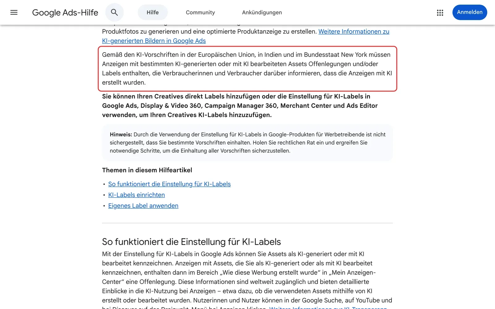 Google-Ads-Hilfe zu KI-Labels mit markiertem Absatz über Pflichtlabels in der EU, in Indien und in New York