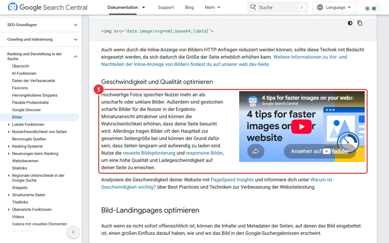 Google-Empfehlungen für die Bildersuche mit markiertem Absatz zu Qualität und Geschwindigkeit von Bildern