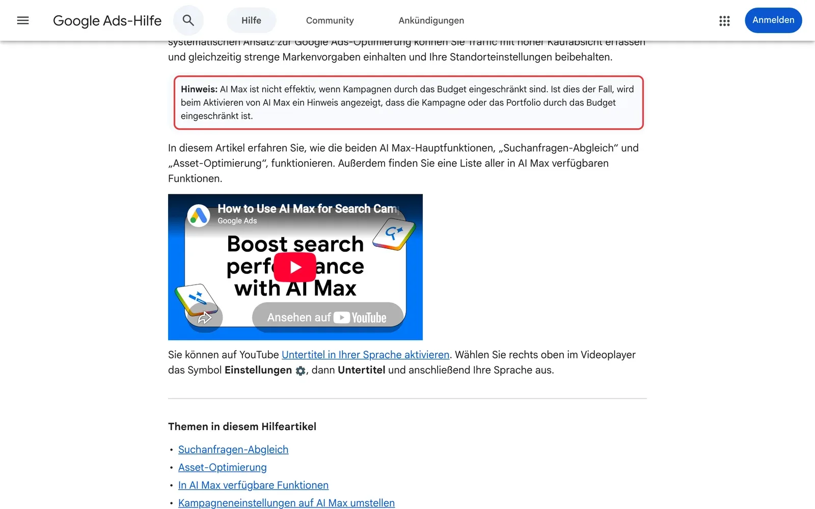 Google Ads-Hilfe: Hinweis, dass AI Max nicht effektiv ist, wenn Kampagnen durch das Budget eingeschränkt sind