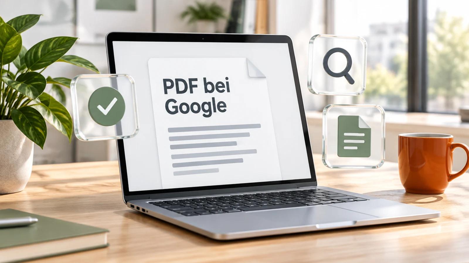 Laptop auf einem hellen Holztisch mit einer Dokumentseite und den Worten PDF bei Google, daneben Glaskarten mit Haken und Lupe