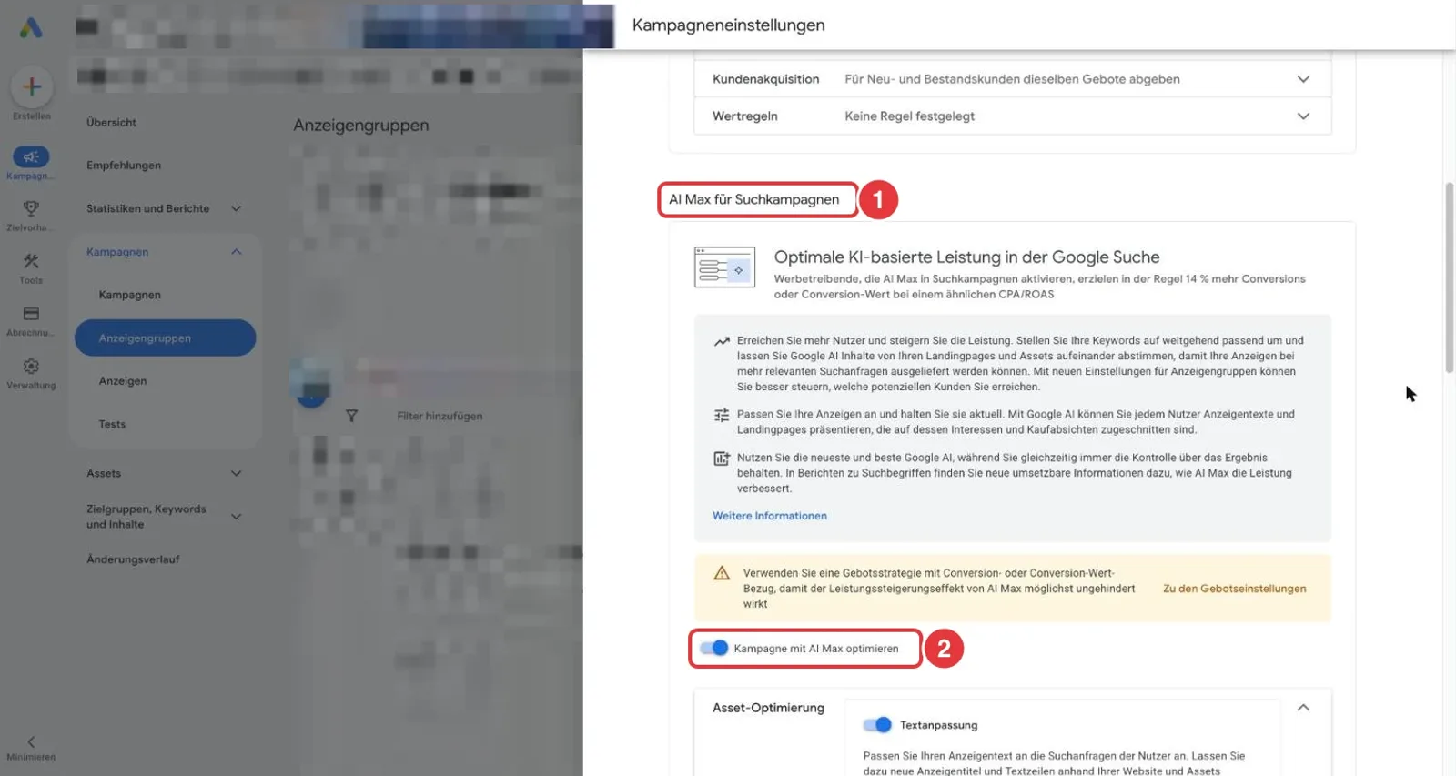 Google Ads Kampagneneinstellungen: Bereich AI Max für Suchkampagnen mit dem Schalter Kampagne mit AI Max optimieren, Kontodaten verpixelt
