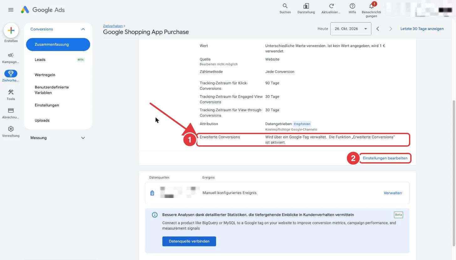 Google Ads Detailseite einer Conversion-Aktion: die Zeile Erweiterte Conversions mit dem Status aktiviert und der Link Einstellungen bearbeiten sind rot markiert