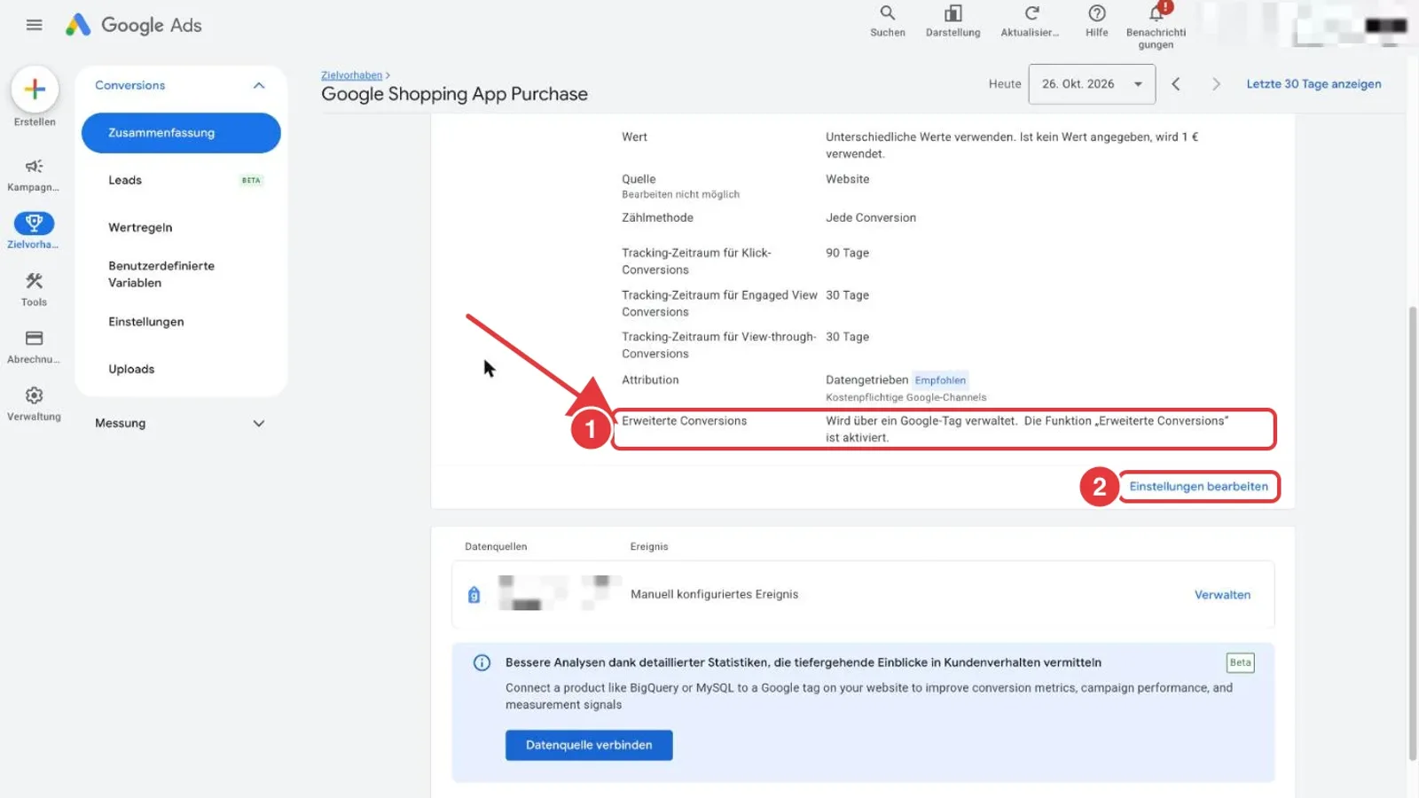 Google Ads Detailseite einer Conversion-Aktion: die Zeile Erweiterte Conversions mit dem Status aktiviert und der Link Einstellungen bearbeiten sind rot markiert