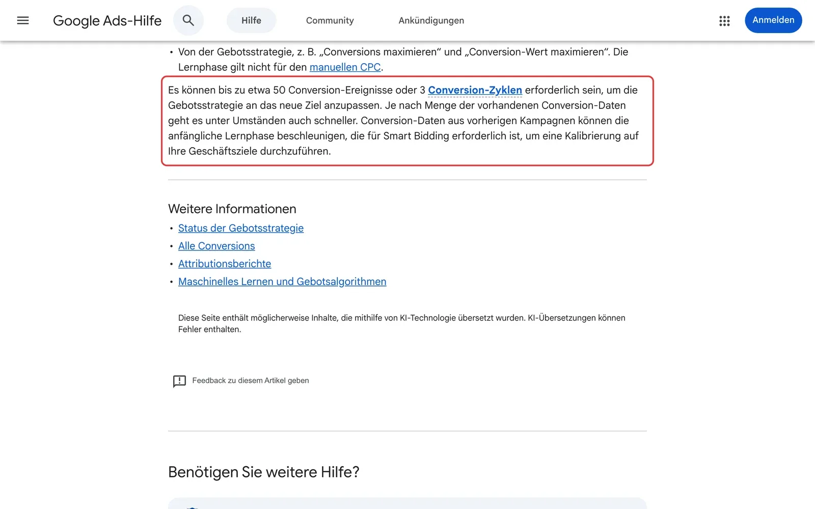 Google Ads-Hilfe mit dem rot umrahmten Absatz, dass bis zu etwa 50 Conversion-Ereignisse oder 3 Conversion-Zyklen nötig sein können