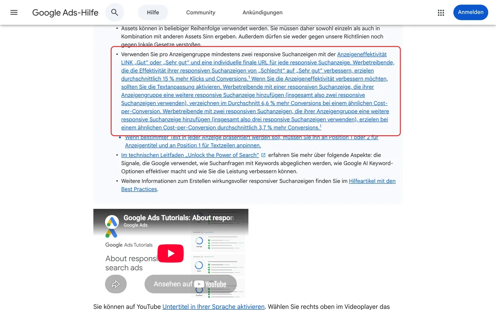 Google-Ads-Hilfe mit der markierten Empfehlung, pro Anzeigengruppe mindestens zwei responsive Suchanzeigen zu verwenden
