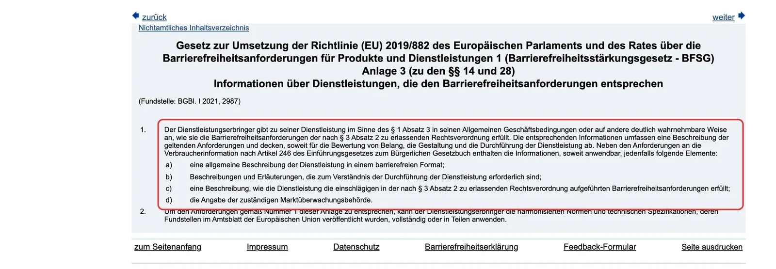 Anlage 3 des Barrierefreiheitsstärkungsgesetzes mit markierter Nummer 1 und den Pflichtangaben a bis d