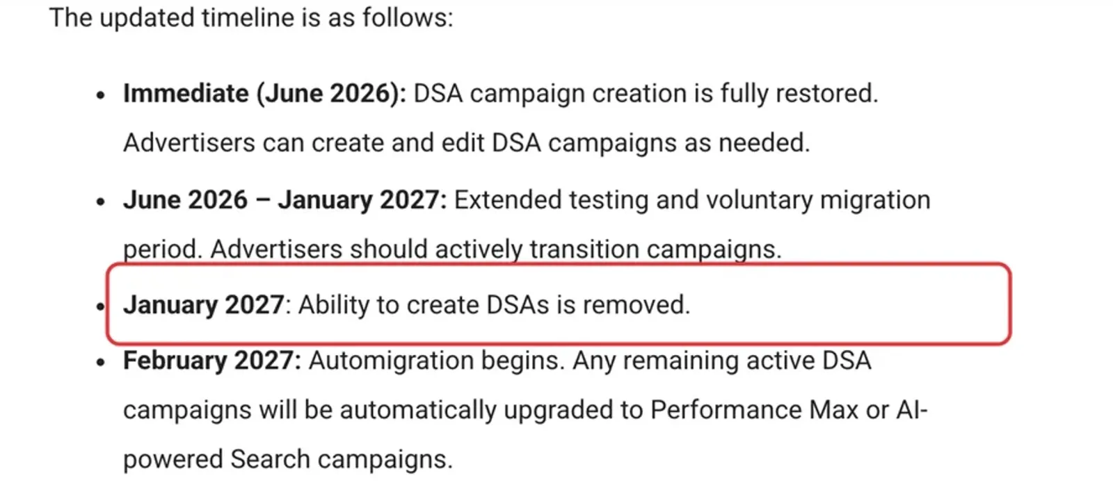Google Ads Developer Blog: Zeitplan zur Umstellung der Dynamischen Suchanzeigen mit den Terminen Januar und Februar 2027