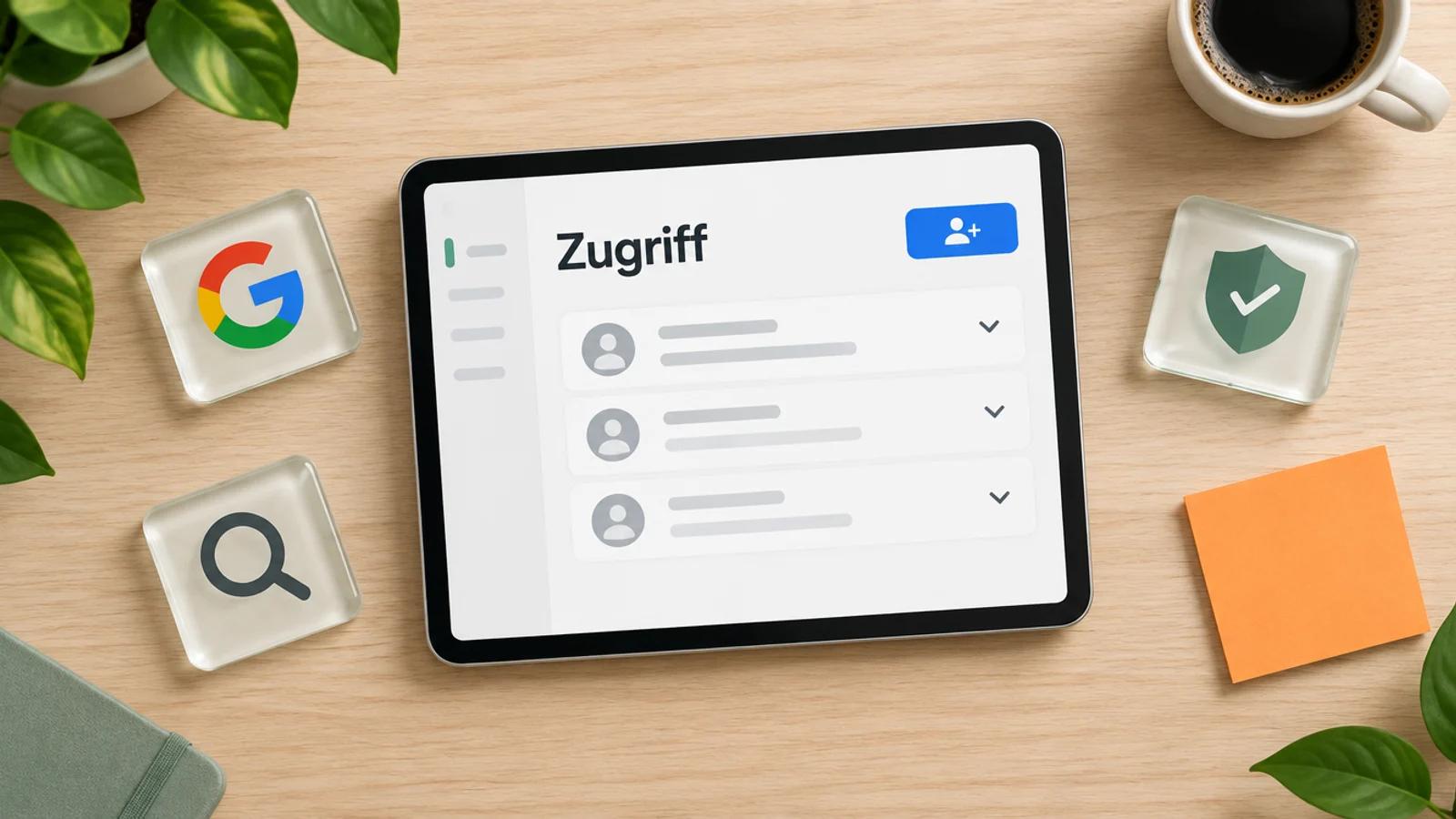 Tablet von oben auf einem Holztisch mit dem Wort Zugriff, daneben Glaskarten mit Google-Logo und Lupe
