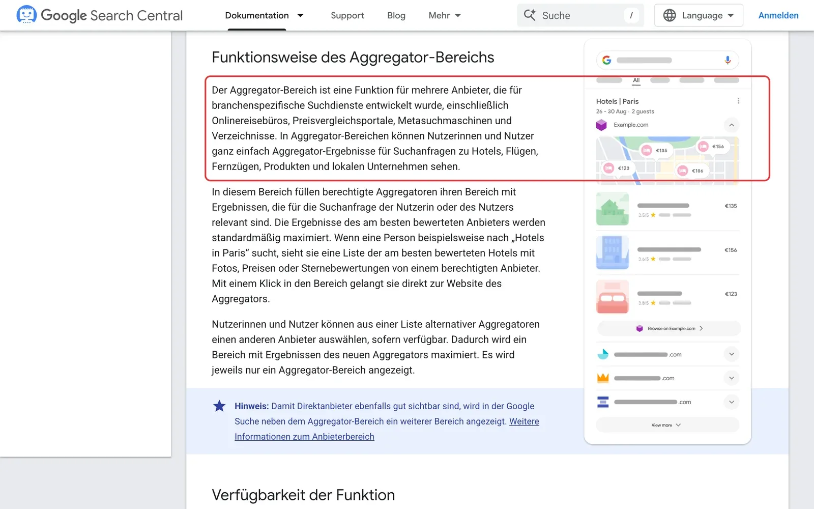 Google-Dokumentation zum Aggregator-Bereich mit Beispielgrafik einer Hotelsuche