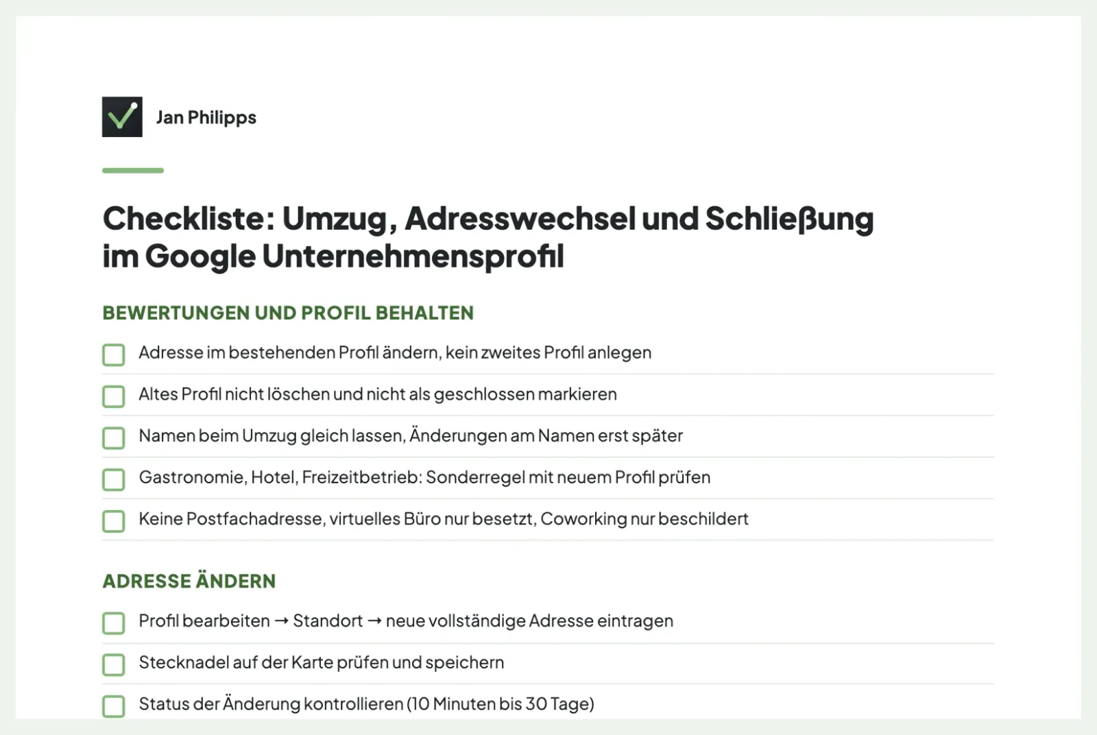 Erste Seite der PDF-Checkliste für Umzug, Adresswechsel und Schließung im Google Unternehmensprofil mit Kästchen zum Abhaken