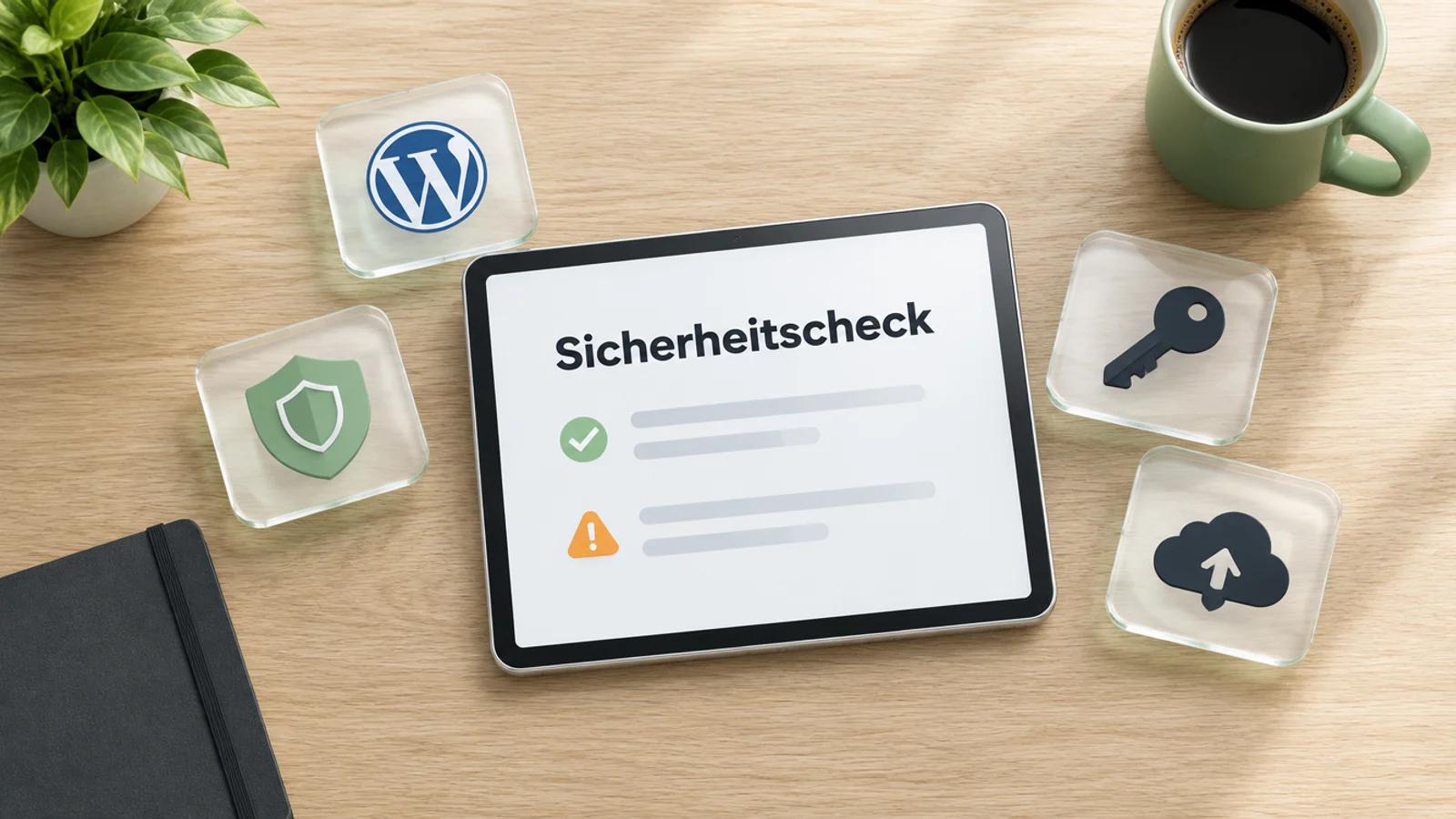 Tablet von oben auf einem hellen Holztisch mit dem Wort Sicherheitscheck, daneben Glaskarten mit WordPress-Logo, Schild, Schlüssel und Cloud-Symbol