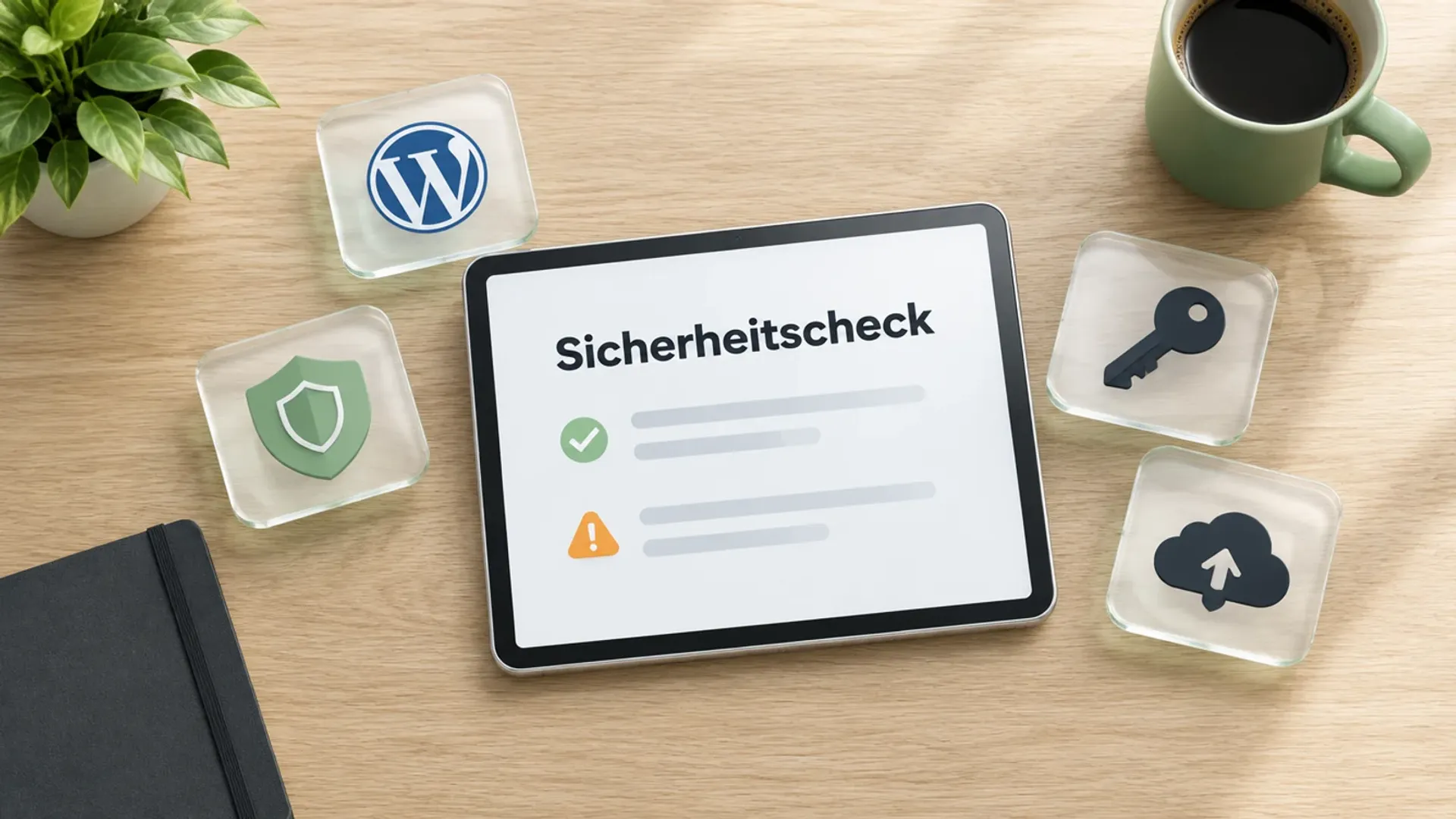 Tablet von oben auf einem hellen Holztisch mit dem Wort Sicherheitscheck, daneben Glaskarten mit WordPress-Logo, Schild, Schlüssel und Cloud-Symbol