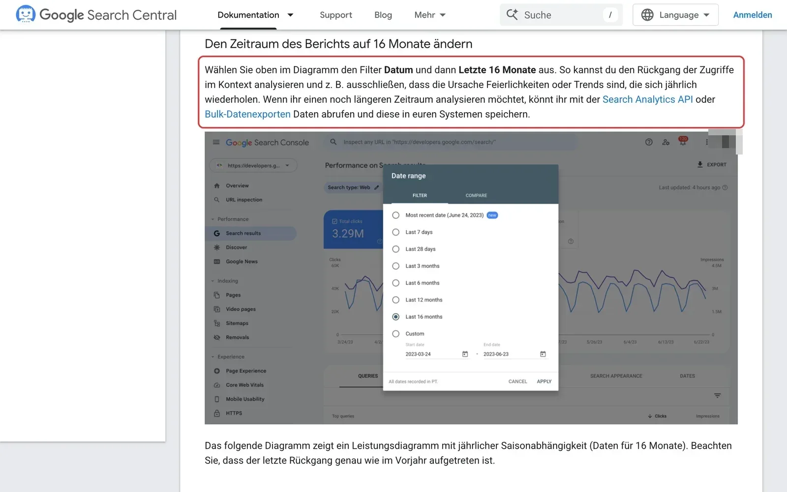 Google Search Central, Leitfaden zu Rückgängen der Zugriffe: der Absatz zum Zeitraum von 16 Monaten in der Search Console ist rot umrahmt, darunter ein Beispielbild mit dem Datumsfilter