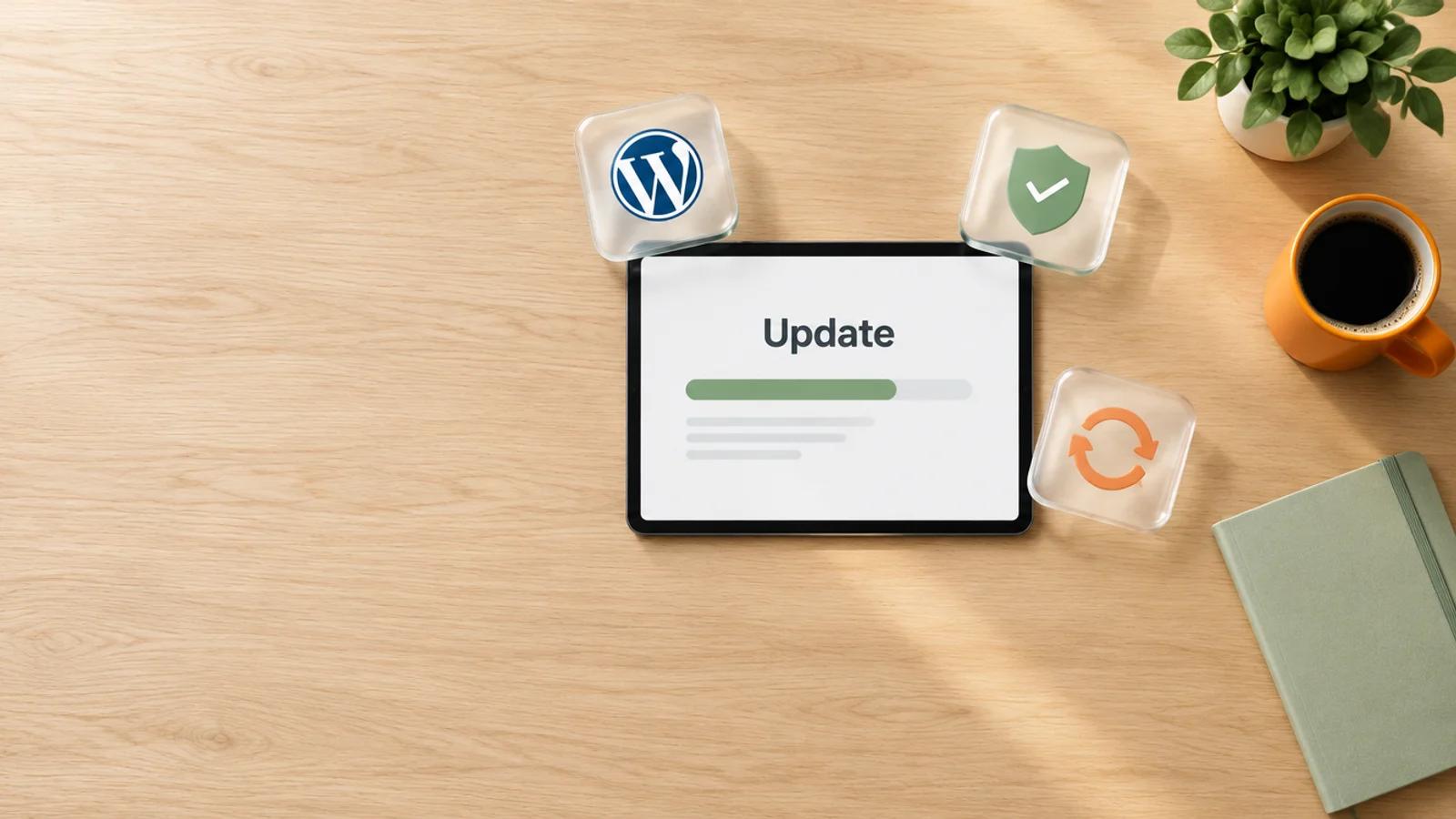 Tablet von oben auf einem hellen Holztisch mit dem Wort Update und einem grünen Fortschrittsbalken, daneben Glaskarten mit WordPress-Logo, Schild und Pfeilsymbol