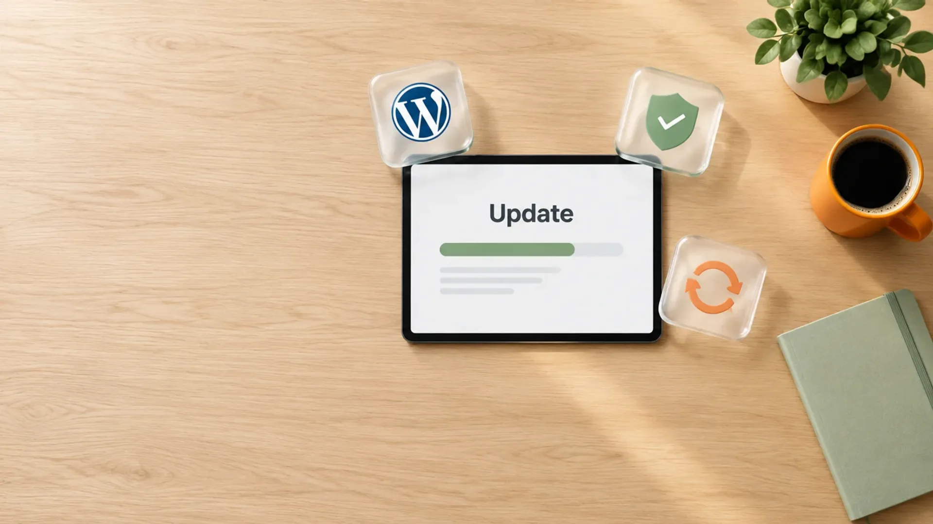 Tablet von oben auf einem hellen Holztisch mit dem Wort Update und einem grünen Fortschrittsbalken, daneben Glaskarten mit WordPress-Logo, Schild und Pfeilsymbol
