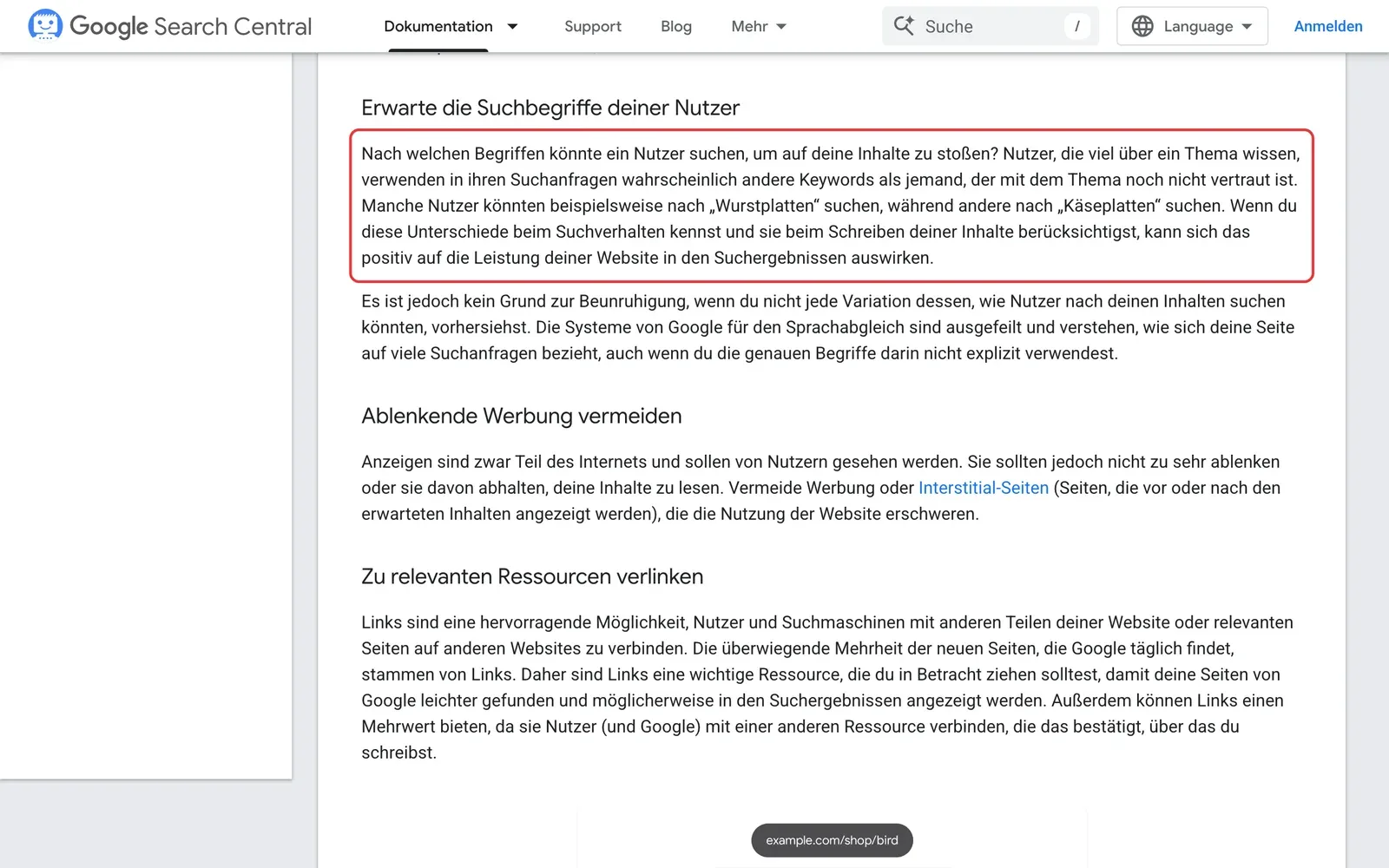 Google SEO-Leitfaden, Abschnitt Erwarte die Suchbegriffe deiner Nutzer: der Absatz, dass Kenner und Neulinge mit unterschiedlichen Keywords suchen, mit dem Beispiel Wurstplatten und Käseplatten, ist rot umrahmt