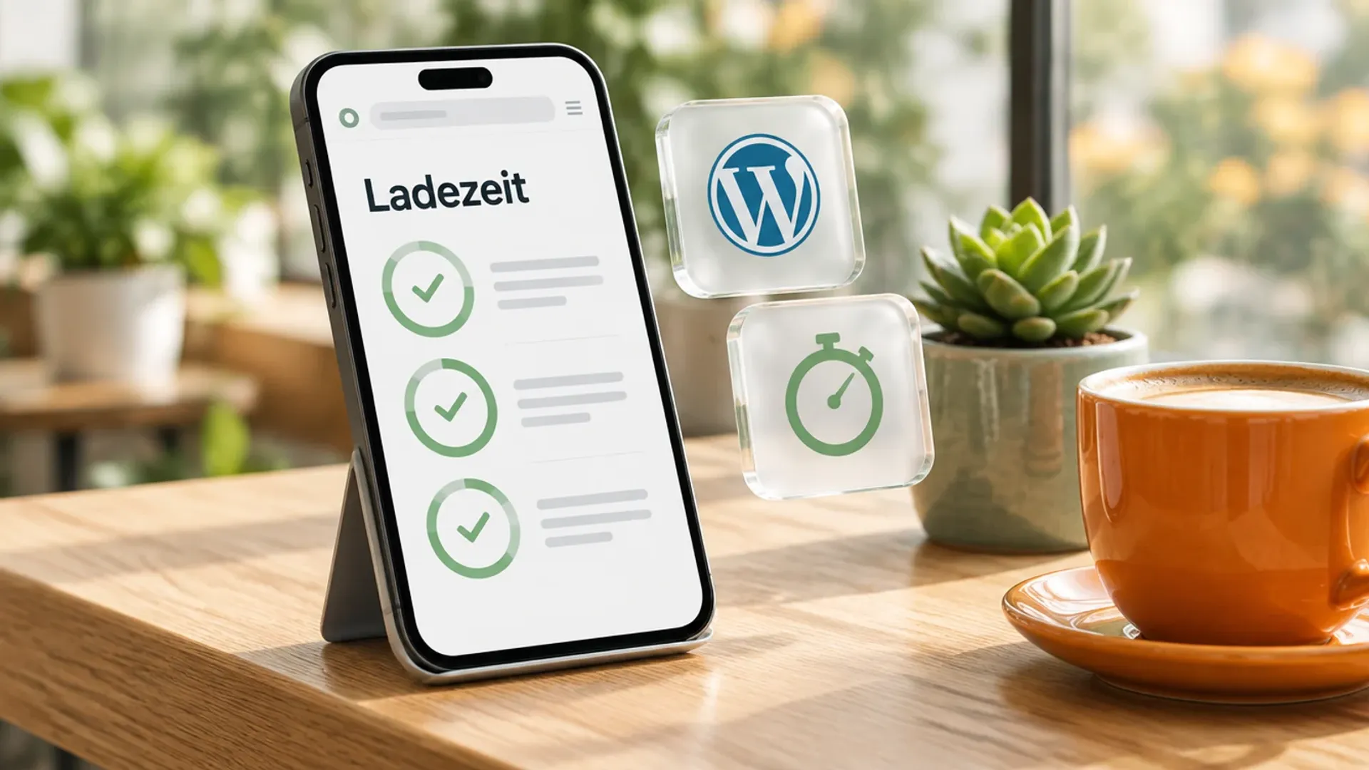 Smartphone auf einem Holztisch im Café zeigt das Wort Ladezeit und drei grüne Häkchen, daneben Glaskarten mit WordPress-Logo und Stoppuhr