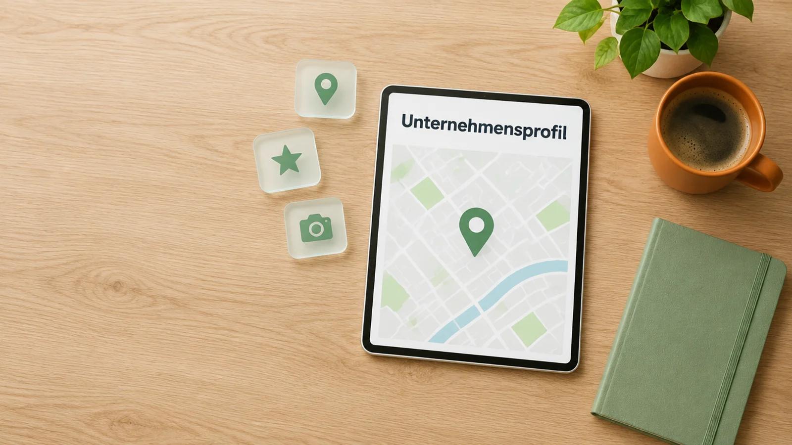 Tablet von oben auf einem hellen Holztisch mit einer Karte, einer grünen Markierung und dem Wort Unternehmensprofil, daneben Glaskärtchen mit Stern, Kamera und Kartennadel