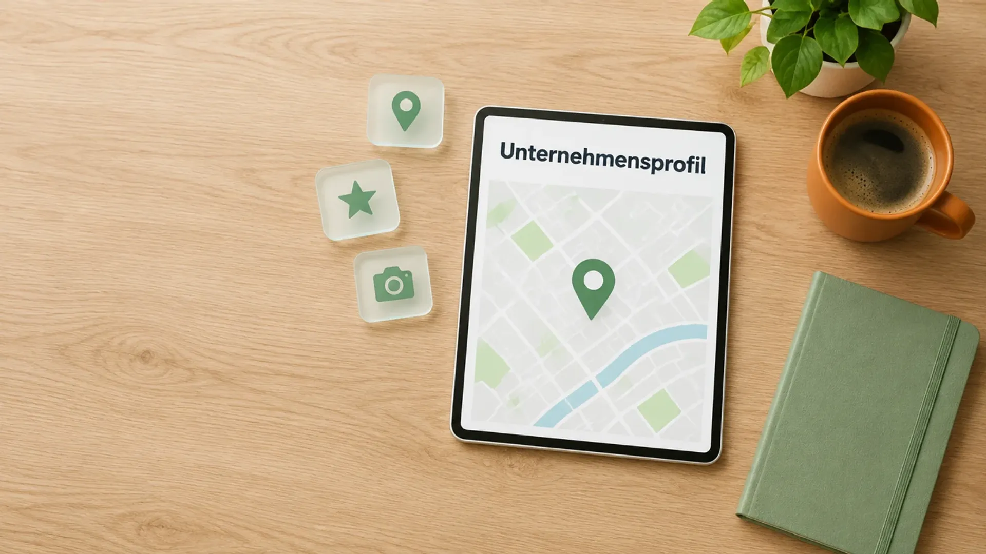 Tablet von oben auf einem hellen Holztisch mit einer Karte, einer grünen Markierung und dem Wort Unternehmensprofil, daneben Glaskärtchen mit Stern, Kamera und Kartennadel