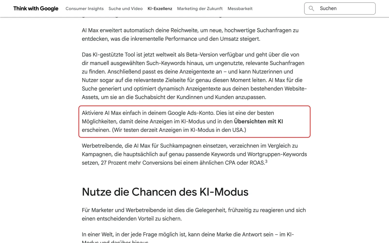 Think with Google: Absatz mit dem Hinweis, dass Google Anzeigen im KI-Modus in den USA testet