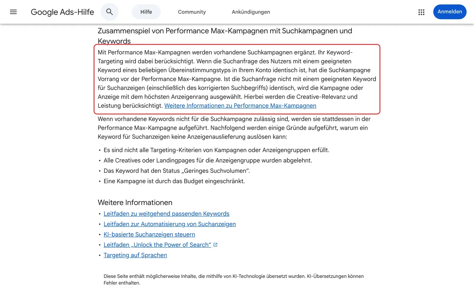 Google Ads-Hilfe zum Zusammenspiel von Performance Max mit Suchkampagnen, der Absatz zum Vorrang der Suchkampagne bei identischer Suchanfrage ist rot umrahmt