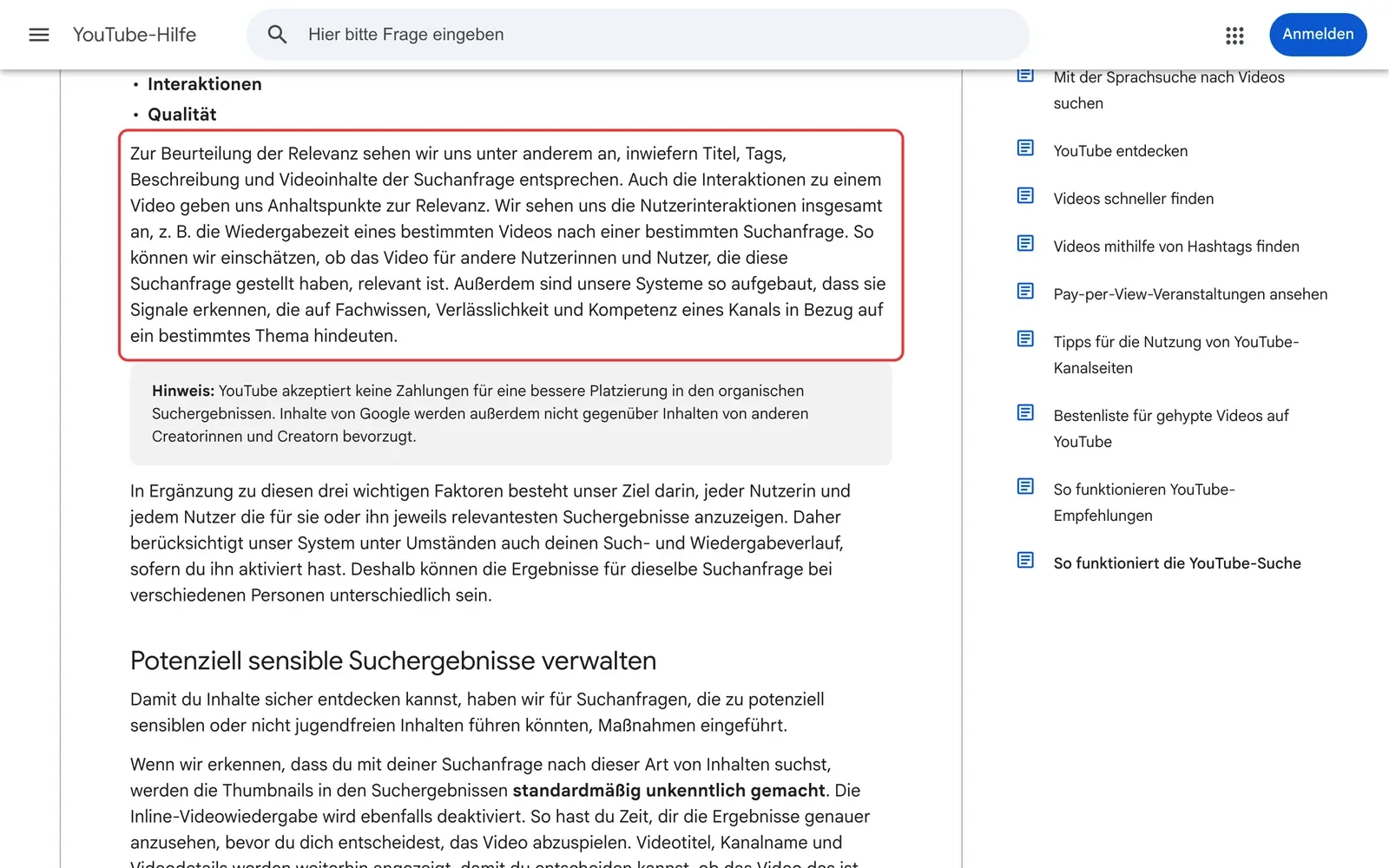 YouTube-Hilfe So funktioniert die YouTube-Suche: der Absatz über Relevanz, Interaktionen und Fachwissen eines Kanals ist rot umrahmt