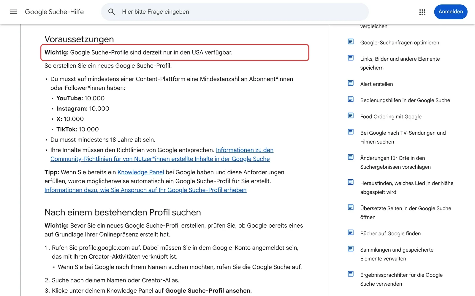 Google Suche-Hilfe mit dem rot umrahmten Hinweis, dass Google Suche-Profile derzeit nur in den USA verfügbar sind, darunter die Voraussetzungen