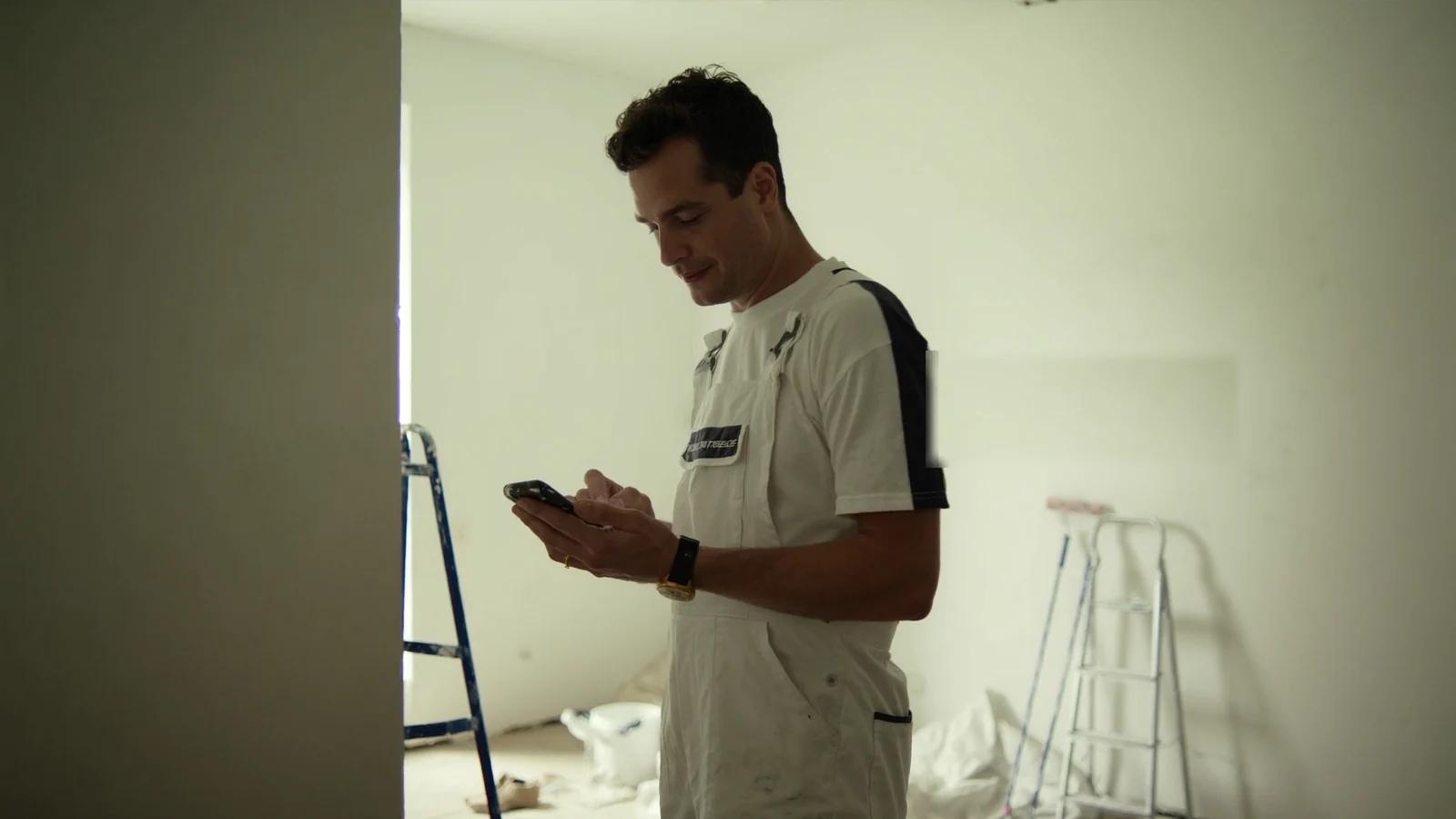 Maler in Arbeitskleidung tippt in einem frisch gestrichenen Raum eine Nachricht am Handy