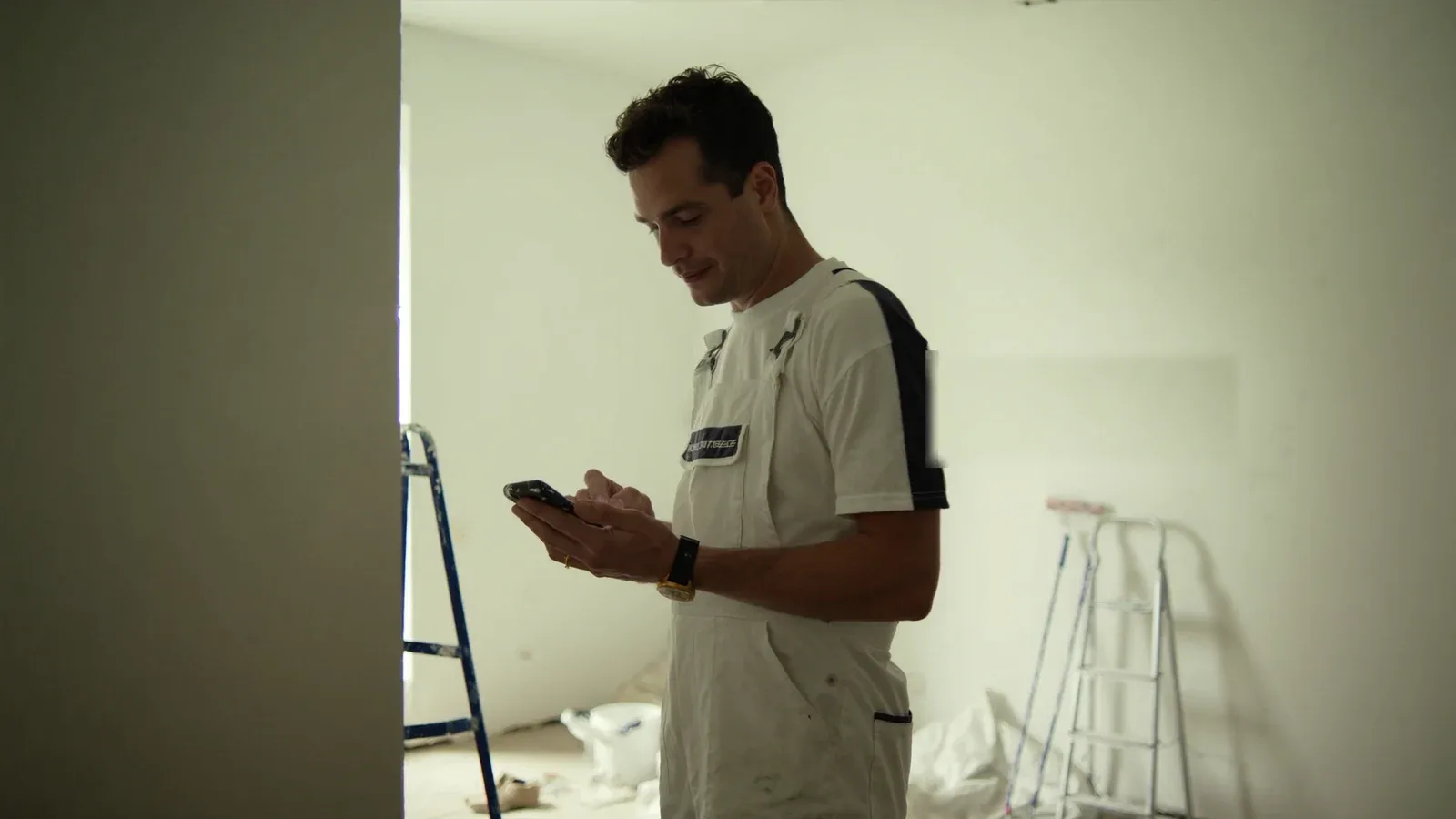 Maler in Arbeitskleidung tippt in einem frisch gestrichenen Raum eine Nachricht am Handy