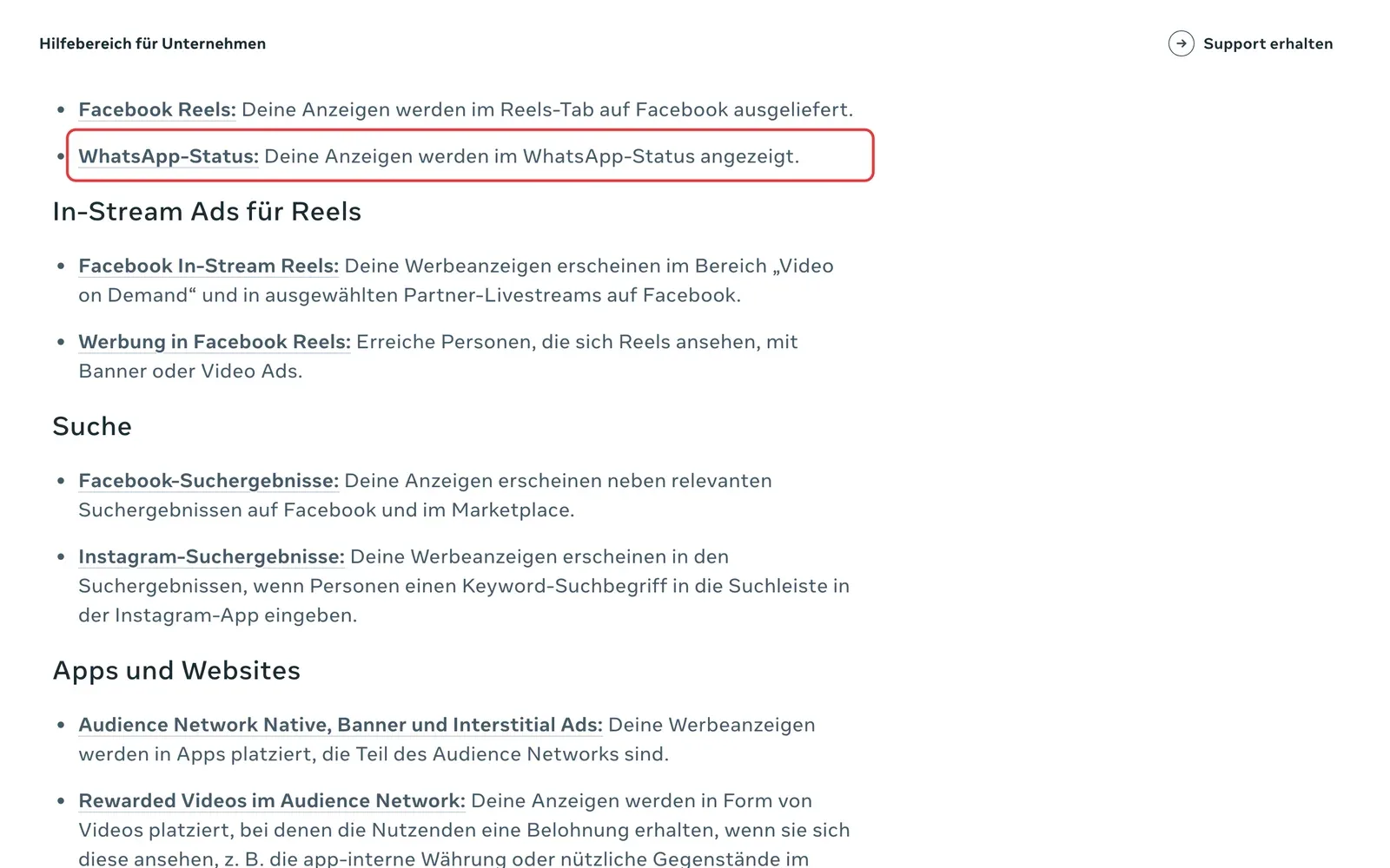 Meta-Hilfebereich: Liste der Anzeigenplatzierungen mit dem Eintrag WhatsApp-Status