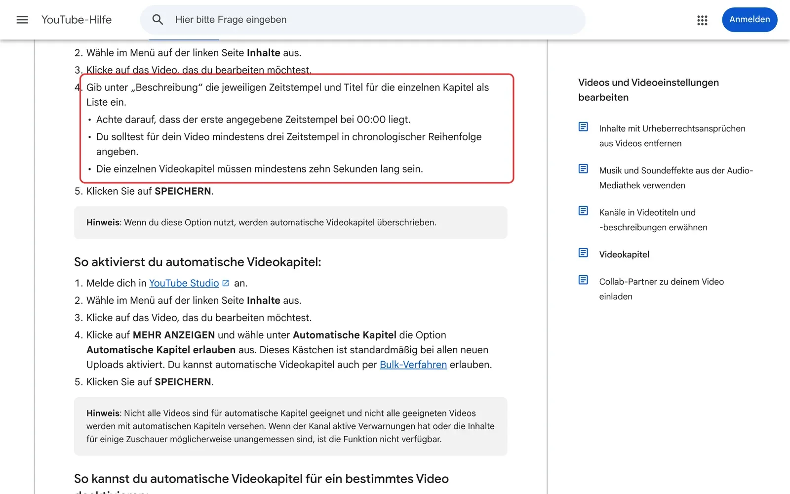YouTube-Hilfe Videokapitel: die Anleitung, Zeitstempel und Titel in die Beschreibung zu schreiben, mit erstem Zeitstempel bei 00:00, mindestens drei Zeitstempeln und mindestens zehn Sekunden pro Kapitel, ist rot umrahmt