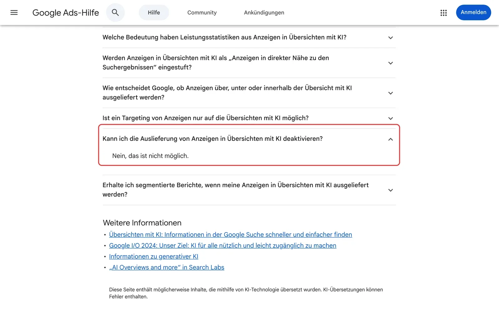 Google Ads-Hilfe: aufgeklappte Frage, ob man Anzeigen in Übersichten mit KI deaktivieren kann, mit der Antwort Nein