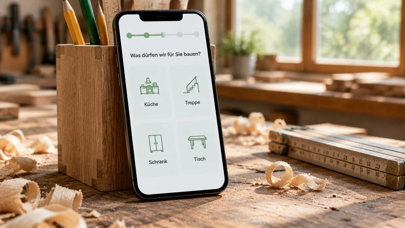 Smartphone lehnt in einer Tischlerwerkstatt an einem Stiftehalter und zeigt vier große Antwortkacheln: Küche, Treppe, Schrank, Tisch