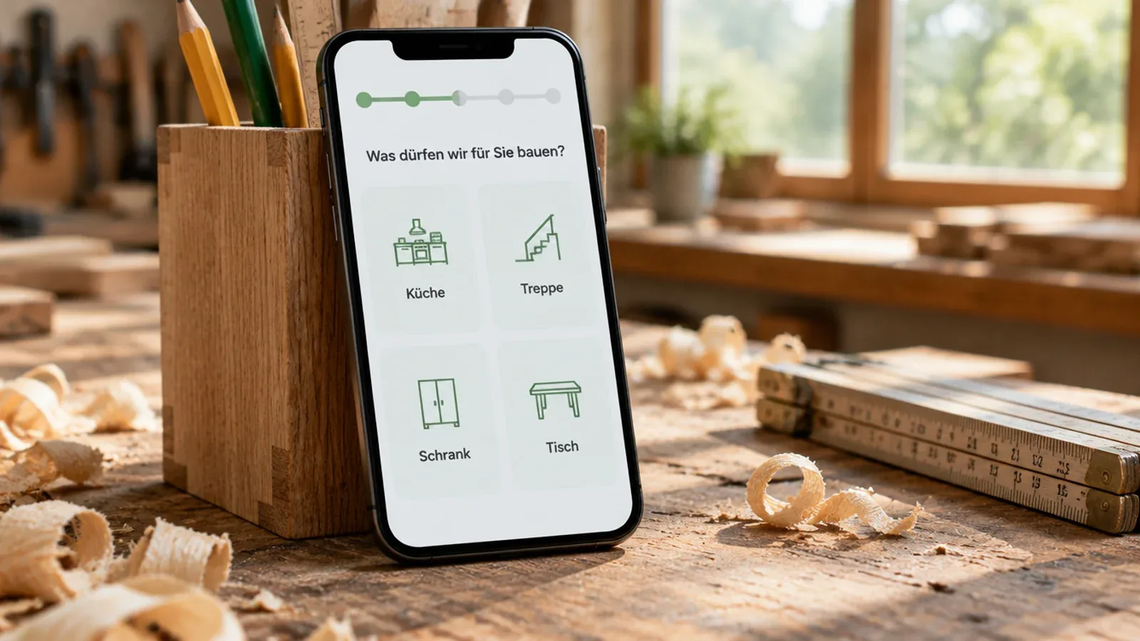 Smartphone lehnt in einer Tischlerwerkstatt an einem Stiftehalter und zeigt vier große Antwortkacheln: Küche, Treppe, Schrank, Tisch