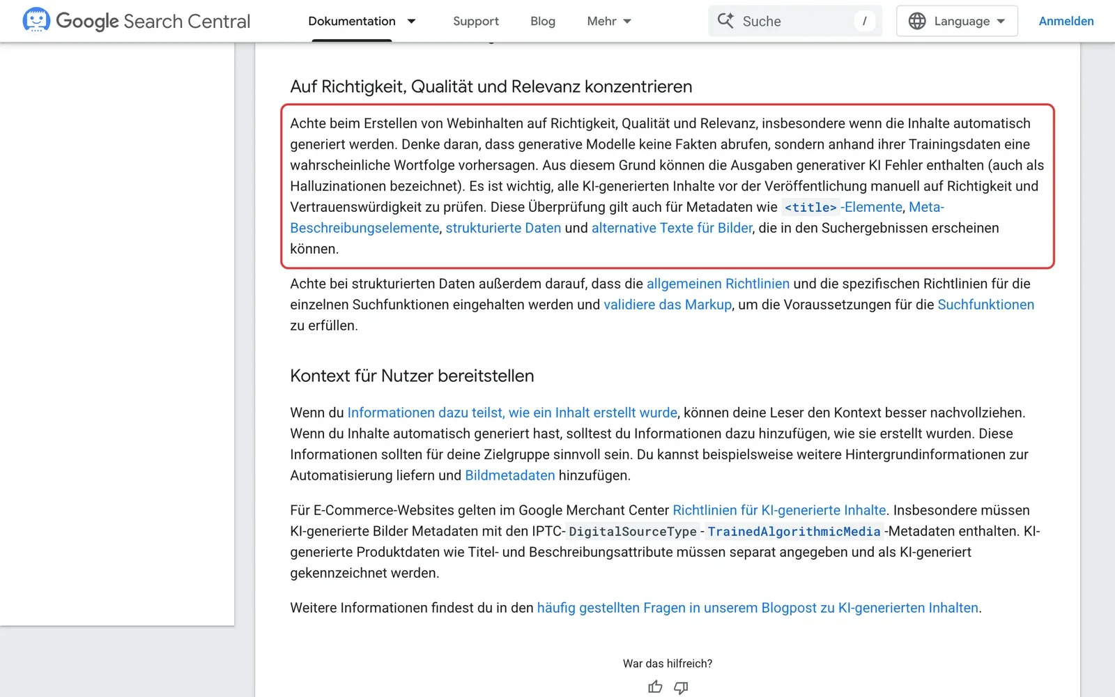 Googles Leitfaden zu Inhalten mit generativer KI, der Absatz zur manuellen Prüfung auf Richtigkeit, auch von Alternativtexten für Bilder, ist rot umrahmt