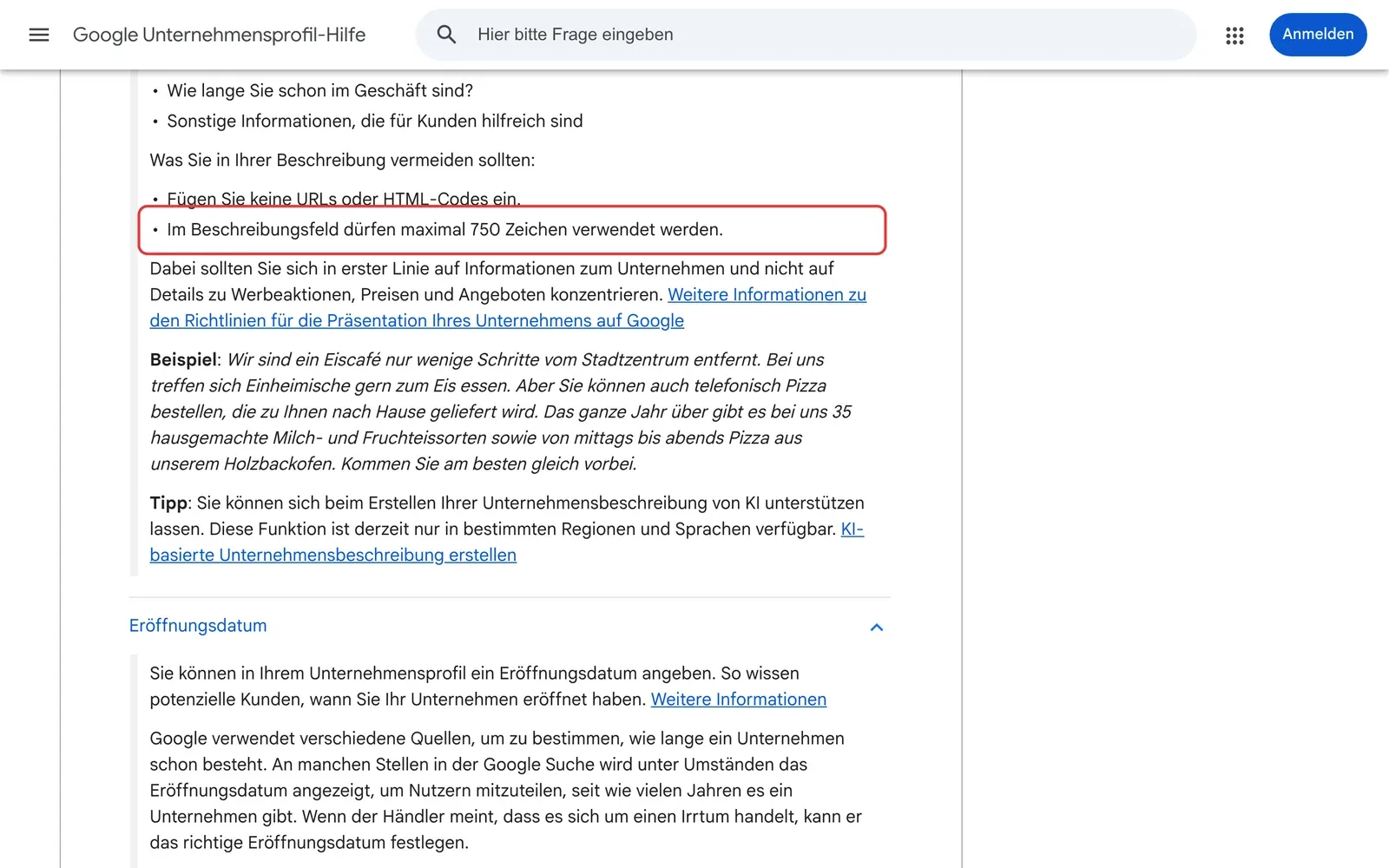 Google-Unternehmensprofil-Hilfe zur Beschreibung: der Punkt, dass im Beschreibungsfeld maximal 750 Zeichen verwendet werden dürfen, ist rot umrahmt