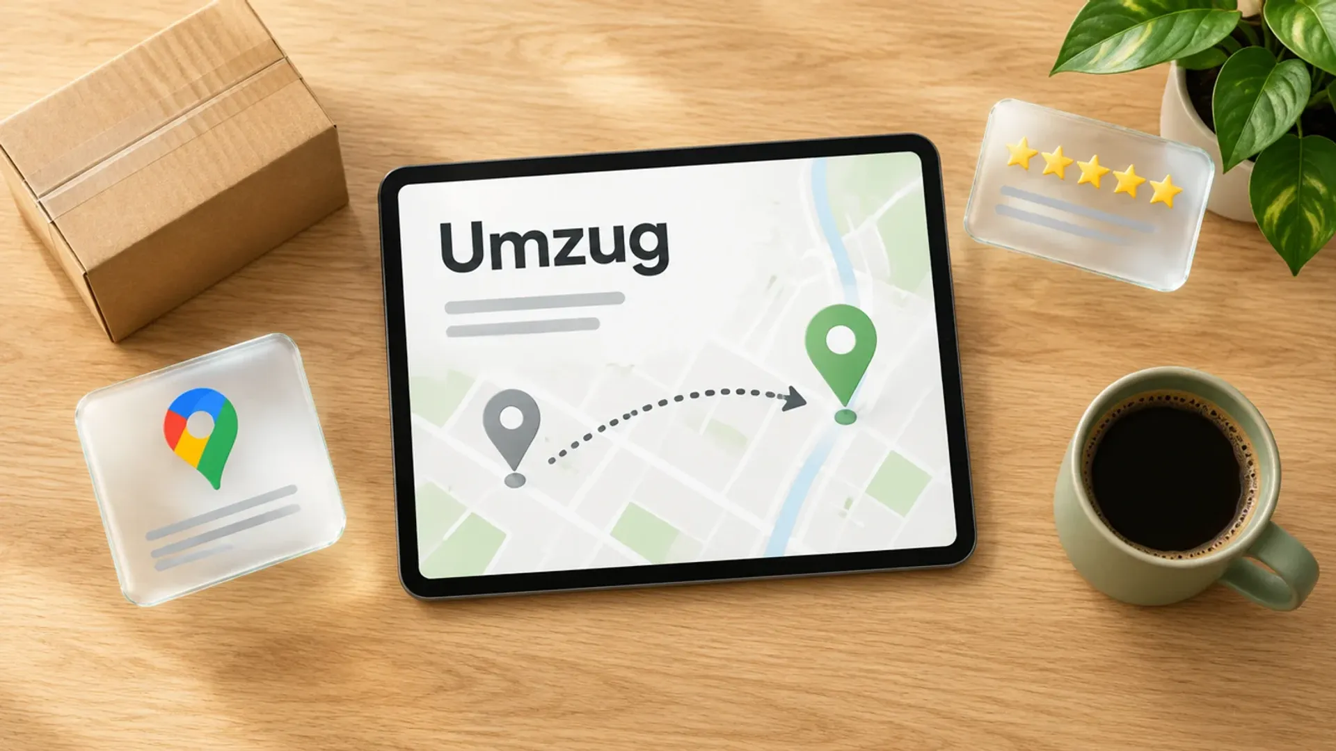 Tablet auf einem Holztisch mit Karte, grauer und grüner Stecknadel und dem Wort Umzug, daneben Umzugskarton, Glaskacheln mit Google-Maps-Symbol und fünf Sternen