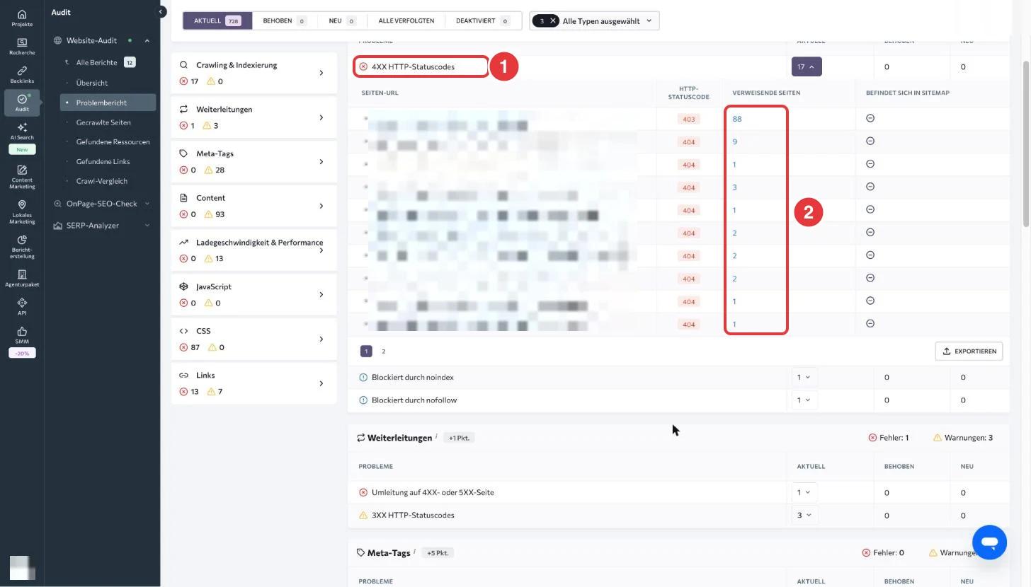 SE Ranking Website-Audit, Problembericht: der Punkt 4XX HTTP-Statuscodes aufgeklappt, mit Statuscode 404 je Adresse und der Spalte Verweisende Seiten, Adressen verpixelt