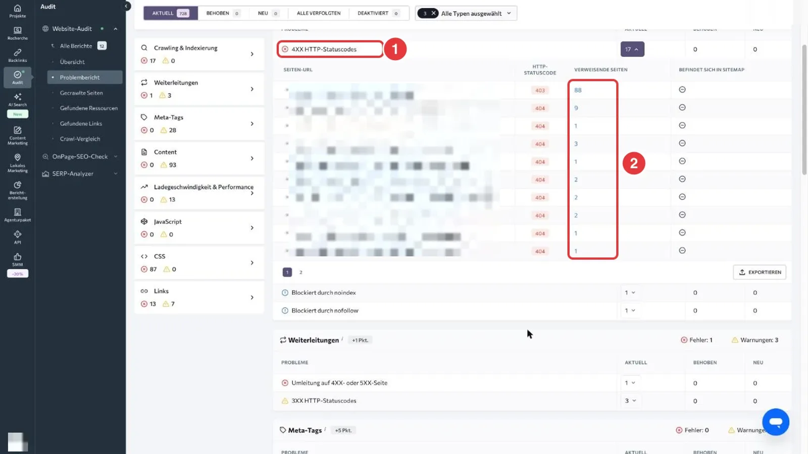 SE Ranking Website-Audit, Problembericht: der Punkt 4XX HTTP-Statuscodes aufgeklappt, mit Statuscode 404 je Adresse und der Spalte Verweisende Seiten, Adressen verpixelt