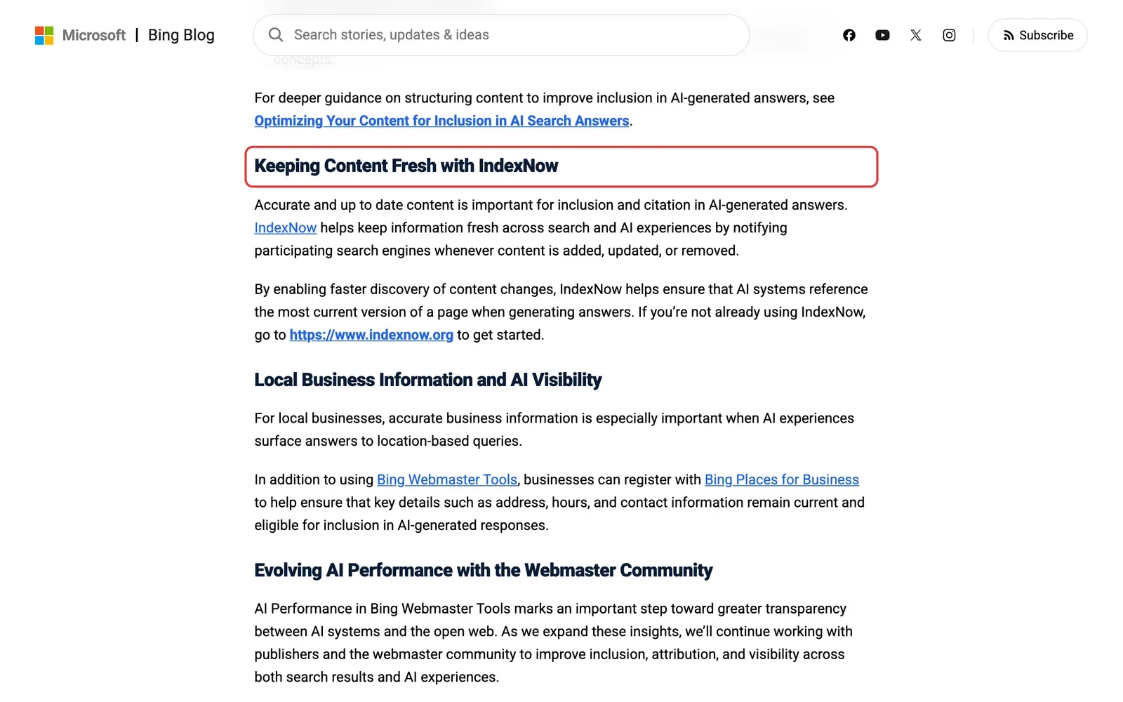 Bing-Blog mit dem Abschnitt Keeping Content Fresh with IndexNow und dem Hinweis zu Bing Places for Business